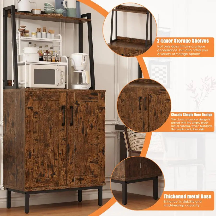 Pantry Storage Cabinet with, Storage Shelves, Modern Hutch with Microwave Stand, Adjustable Shelf