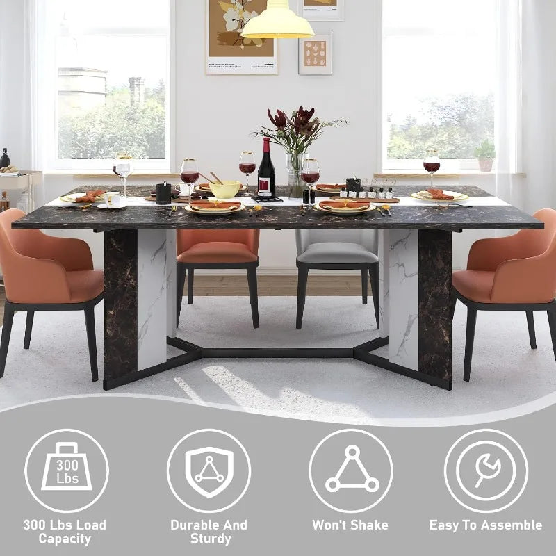 White Table Large for 8 People w Rectangular Marble-Color Wood Waterproof Tabletop