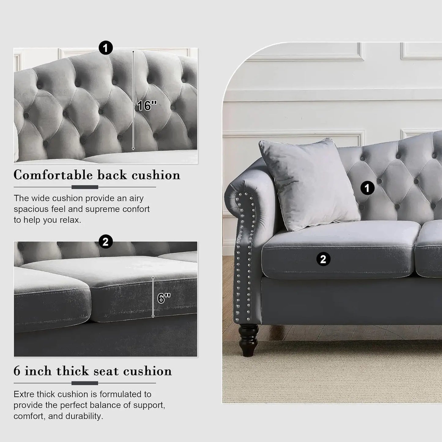 Chesterfield Velvet Sofa and Loveseat with Pillows. Rolled Arms Nailhead Trim Classic Design , 2-Seater