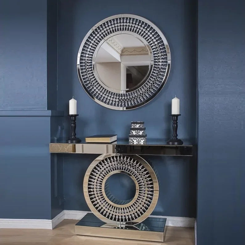 Luxury mirrored console table, crescent shaped foyer, family round wall mirror