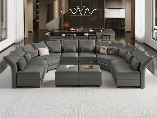 Grey Modular Sectional 10 Seat U Shaped Couch with Storage, Faux Leather Waterproof