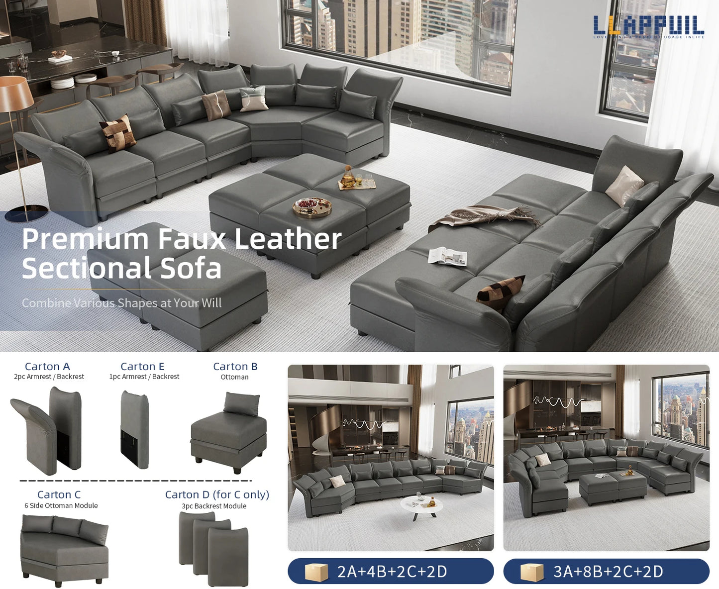 Grey Modular Sectional 10 Seat U Shaped Couch with Storage, Faux Leather Waterproof