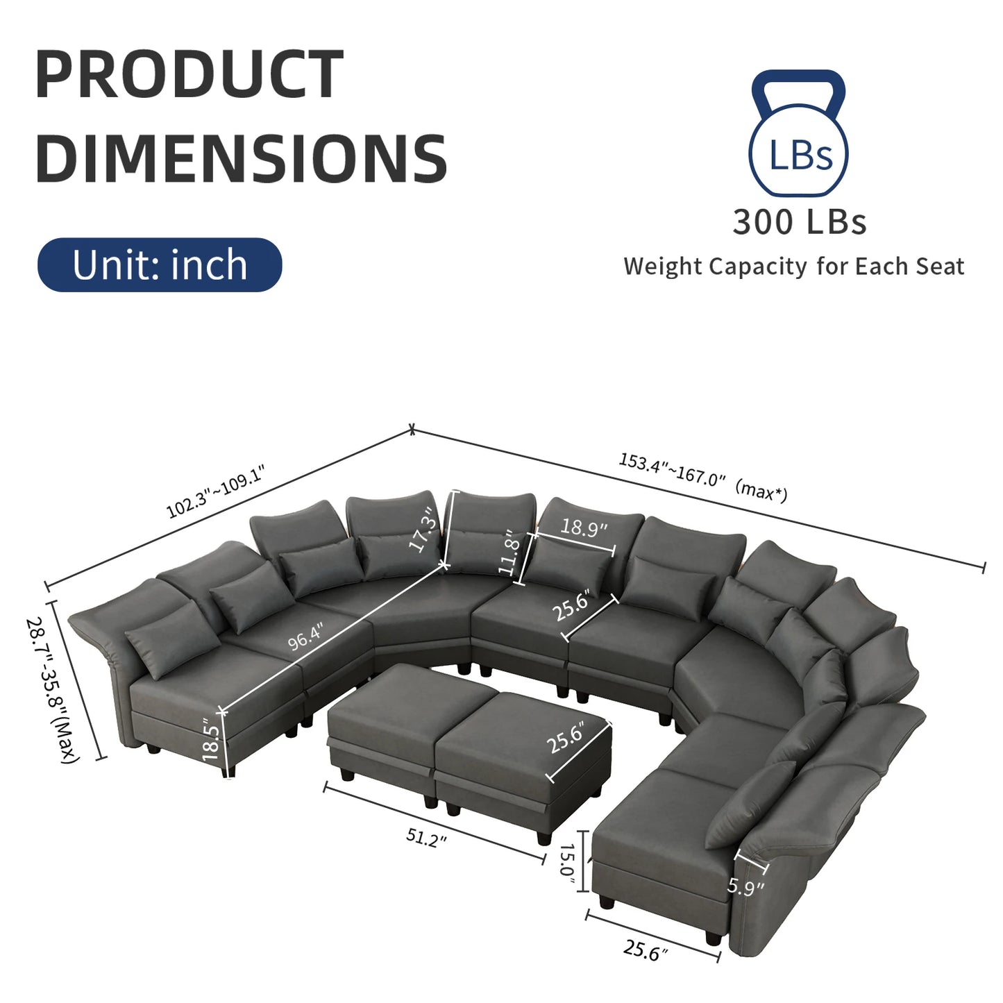 Grey Modular Sectional 10 Seat U Shaped Couch with Storage, Faux Leather Waterproof