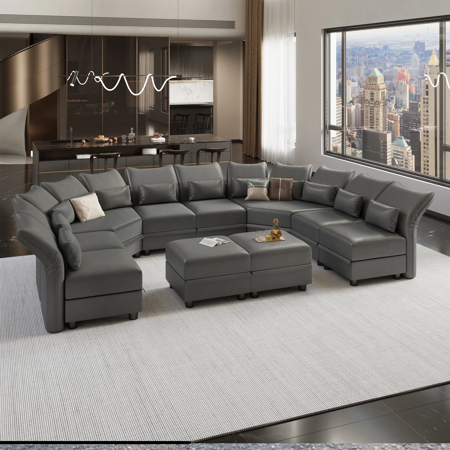 Grey Modular Sectional 10 Seat U Shaped Couch with Storage, Faux Leather Waterproof