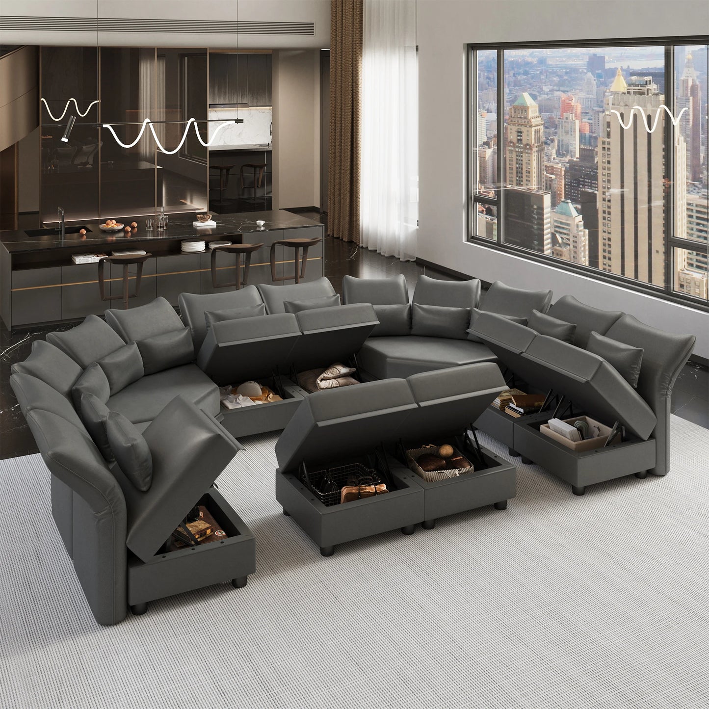 Grey Modular Sectional 10 Seat U Shaped Couch with Storage, Faux Leather Waterproof