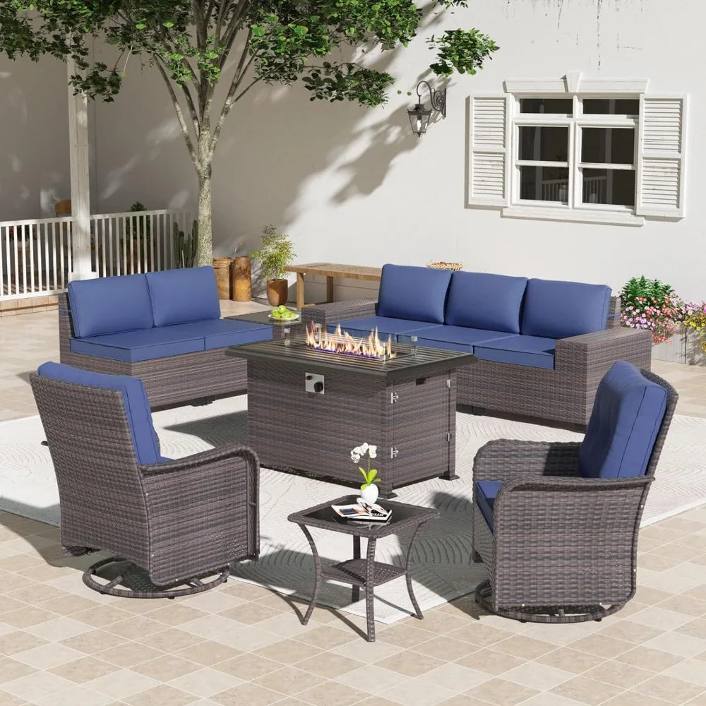 10 Piece Furniture Set w/ 2l Rocking Chairs and Gas Navy Blue Fire Pit