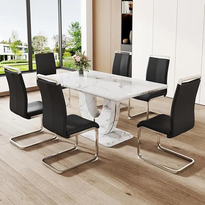 Morden Faux Marble Table Set for 6-8 with MDF Base,7 Piece Rectangle Set