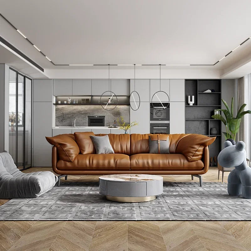 Nordic Simple Soft Sofa  Vintage Brown Girl 3 Seater Designer Leather Love Seat