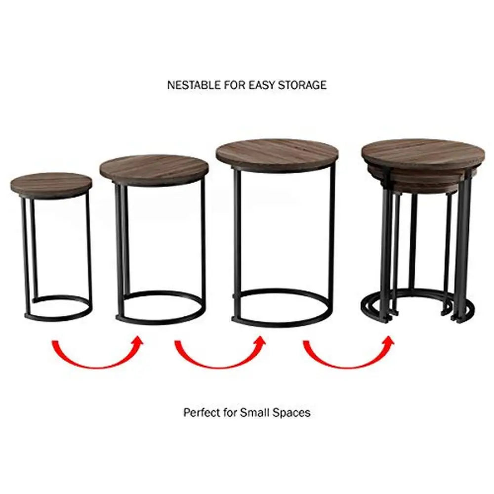 3-Piece Nesting Round  End Tables  Gray-Brown Woodgrain-Look Metal Base