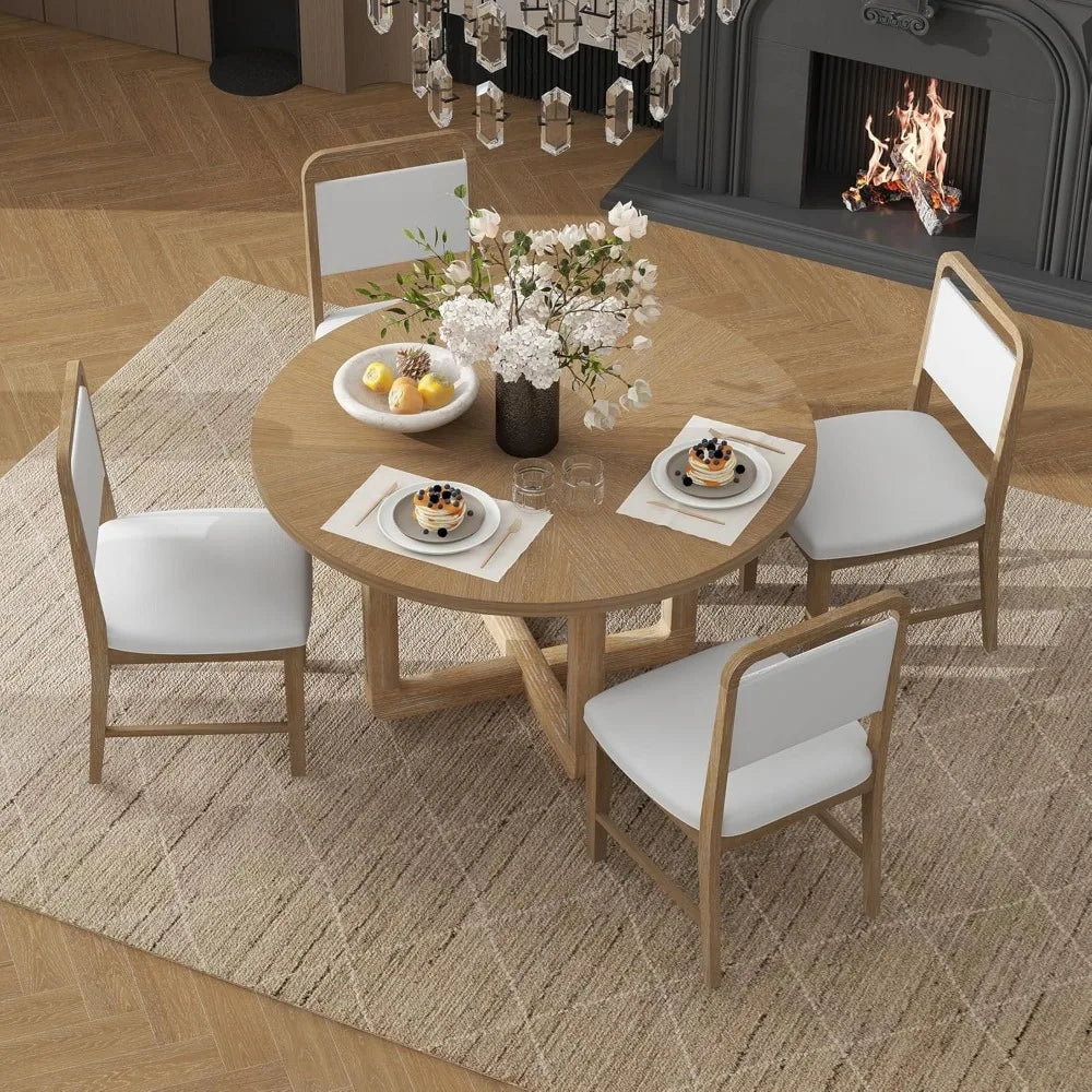 Radial Wood Grain Design, 5 piece table set for 4, round table and 4 upholstered chairs