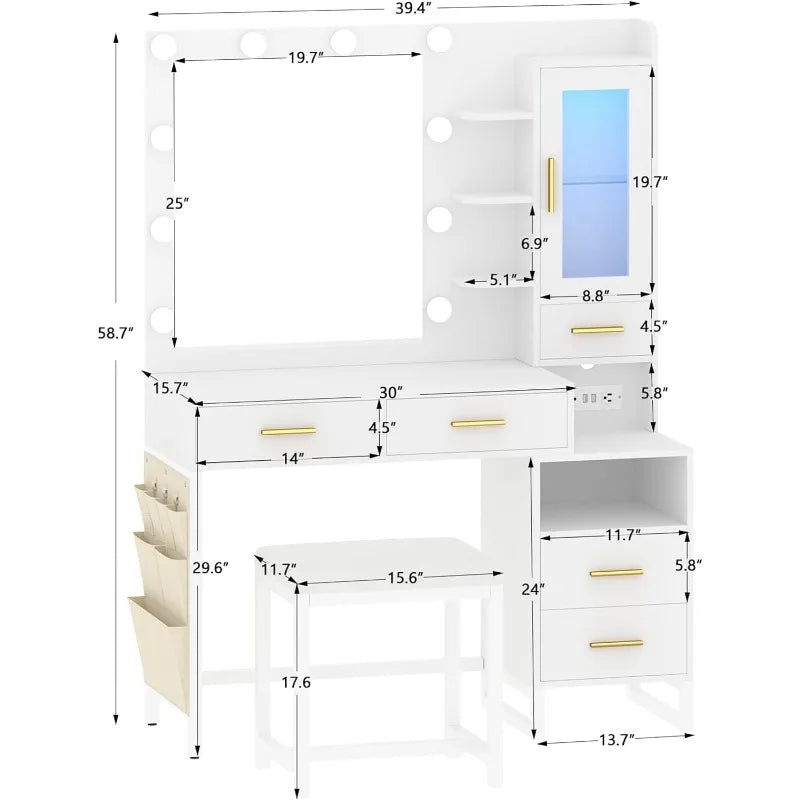 White Vanity Desk with Mirror and Lights, ,Charging Station, LED Cabinet, 5 Drawers & Storage Bag