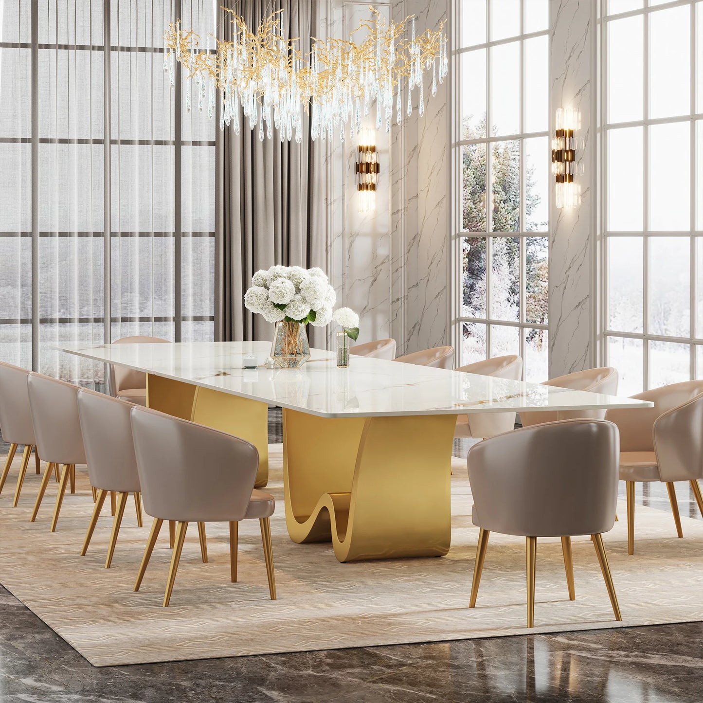 Tribesigns Sintered Stone Table for 6-8, Modern Rectangle Luxury White & Gold Dining