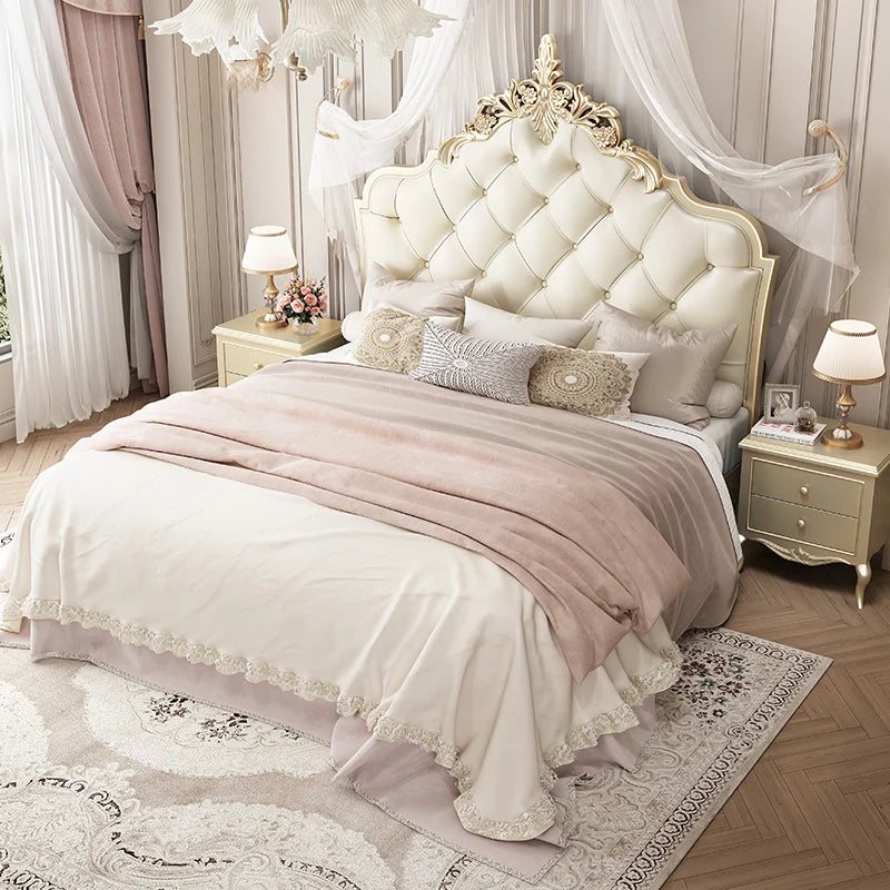 Matrimonial French Kingsize Bed Wooden Frame Headboard Luxury Shelves
