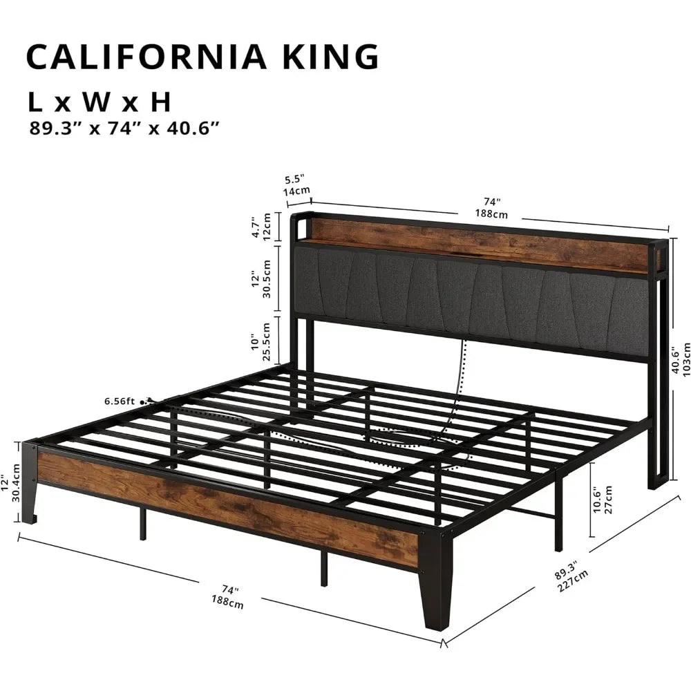 California king size bed frame, storage headboard with charging station,