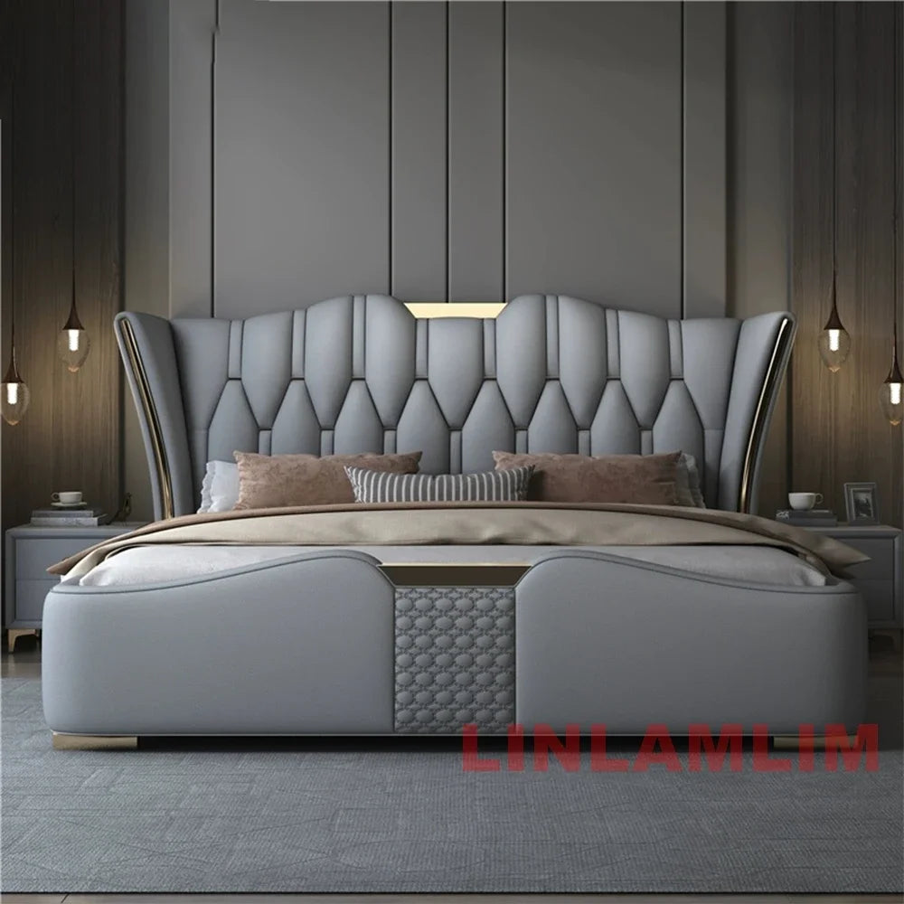 MINGDIBAO Luxury Modern Upholstered Bed Frame with Gold Accents, Genuine Leather Designer  Queen/King Size Bed