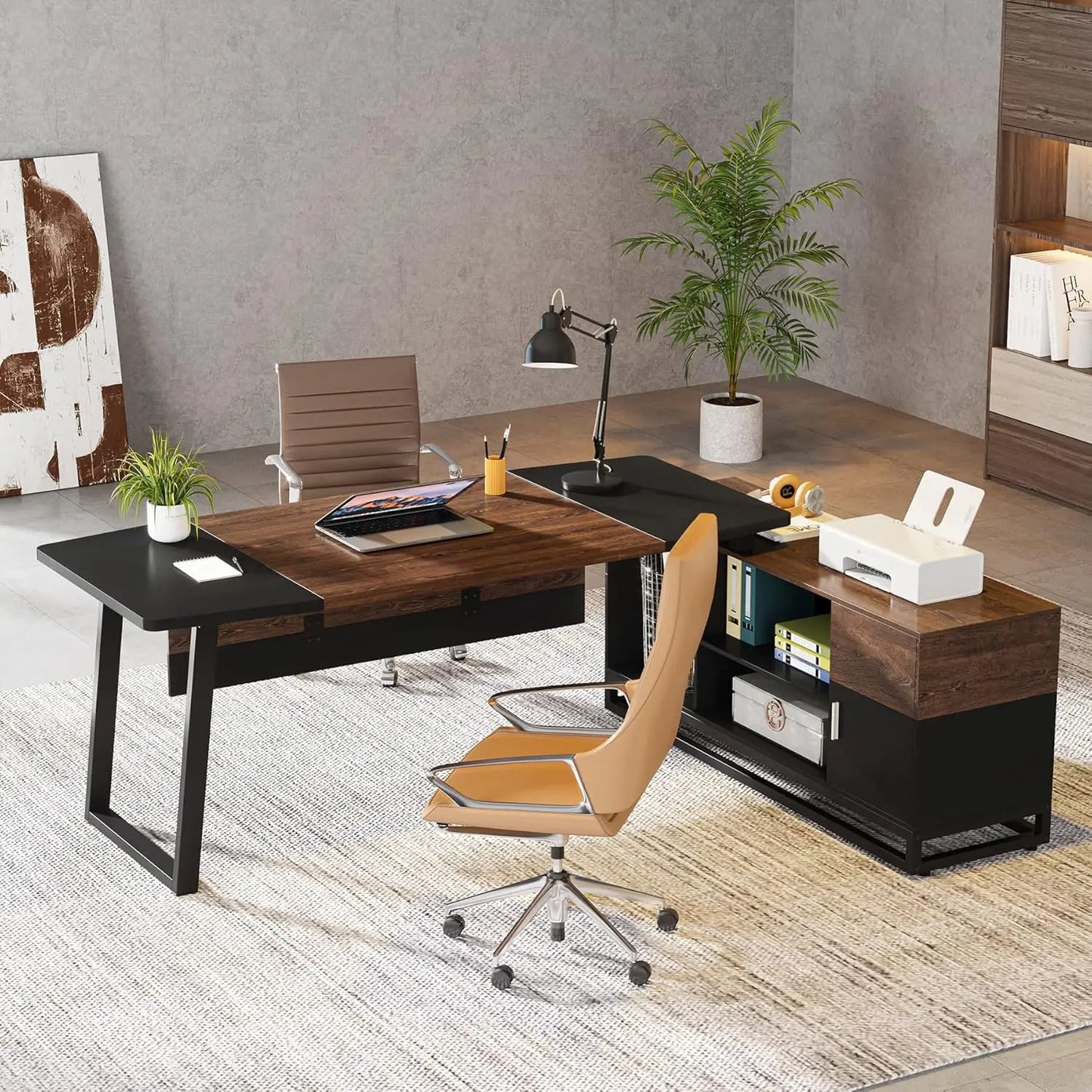 Executive and  Lateral File Cabinet, Large L-Shaped Desk with Storage Cabinet , Shelves