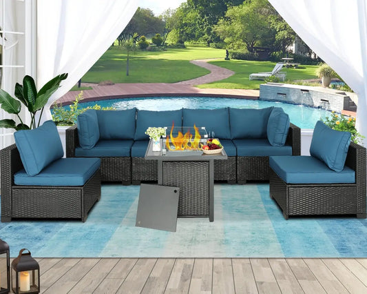 PE Rattan Patio Furniture Set with Cushions, Expresso, -Peacock Blue