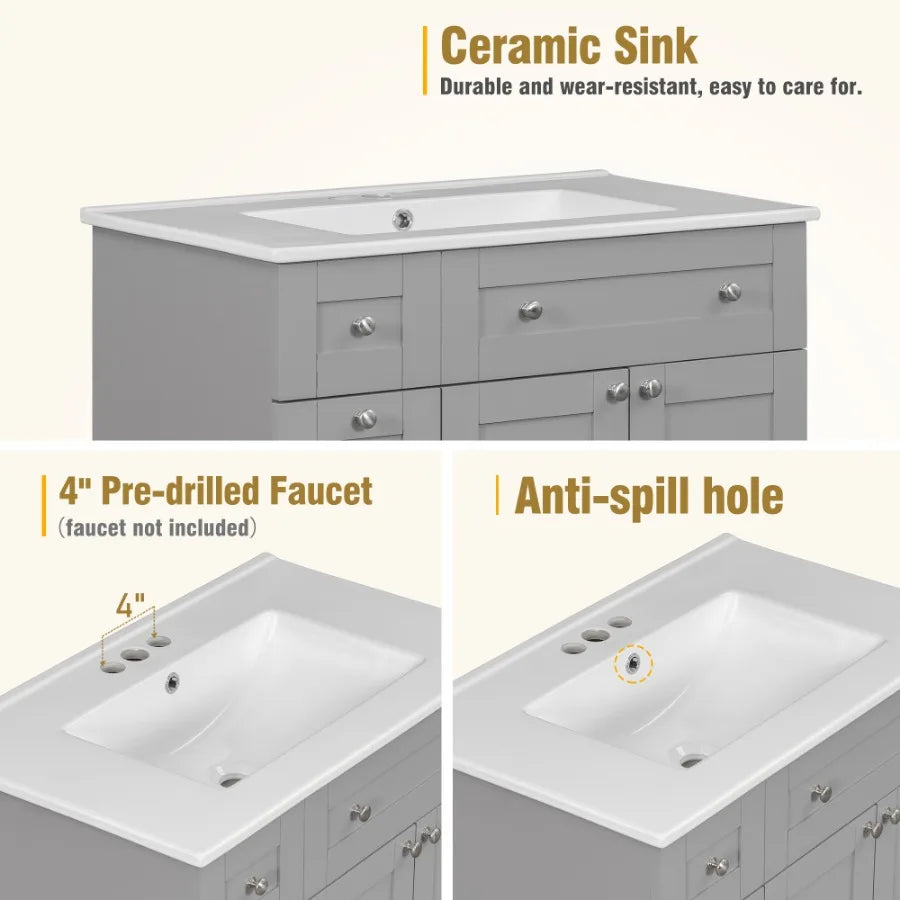 Vanity with Ceramic Sink Combo, Abundant Storage Cabinet-2 Soft-close Doors and Double-tier