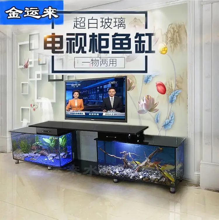 Household TV cabinet fish aquarium ,ultra white , glass table, water-free, double tank