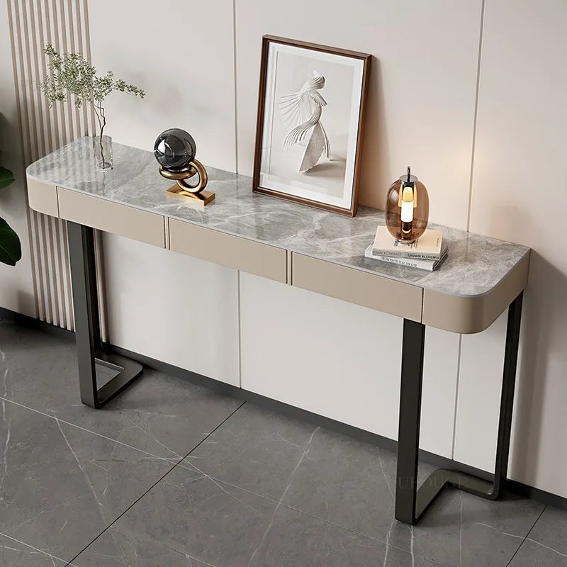 Italian Stone Plate Top Console Table with Drawer Minimalist Cabinet