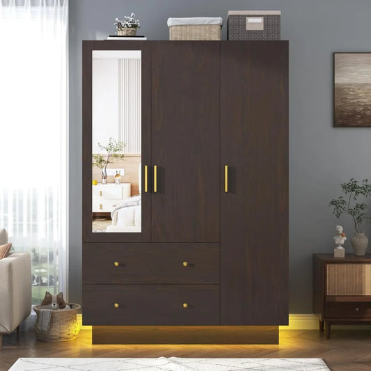 , Wooden Armoire Storage Cabinet with mirror,  LED lights, 3 doors, drawers, hanging rod