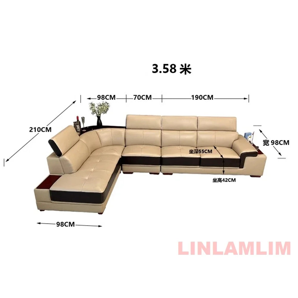 MINGDIBAO Modern Minimalist Genuine  Italian Leather Sectional Sofa with Console, Storage and Speaker