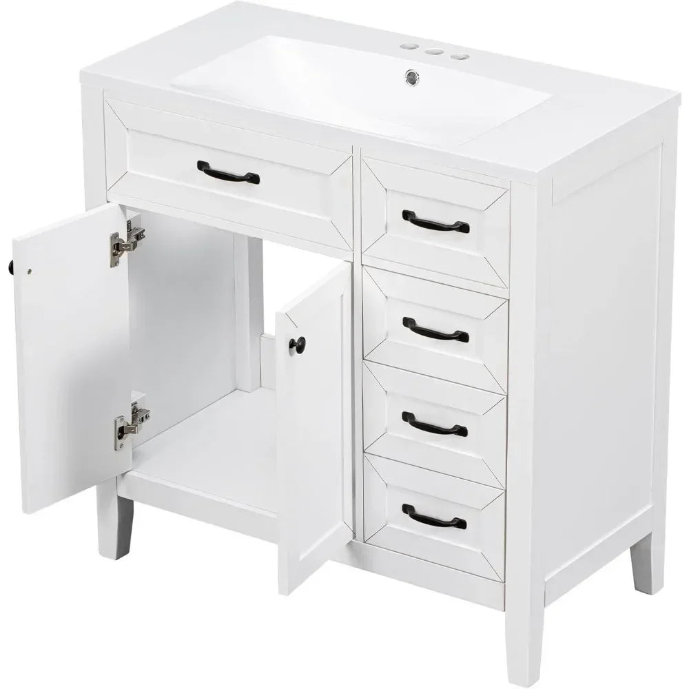 Wood  Vanity Set, white sink, cabinet w 3 drawers, doors