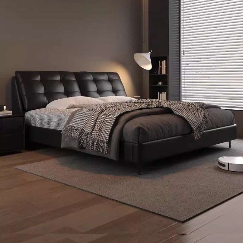 Nordic White Modern  Bed Simple Wooden King Size Leather Bed