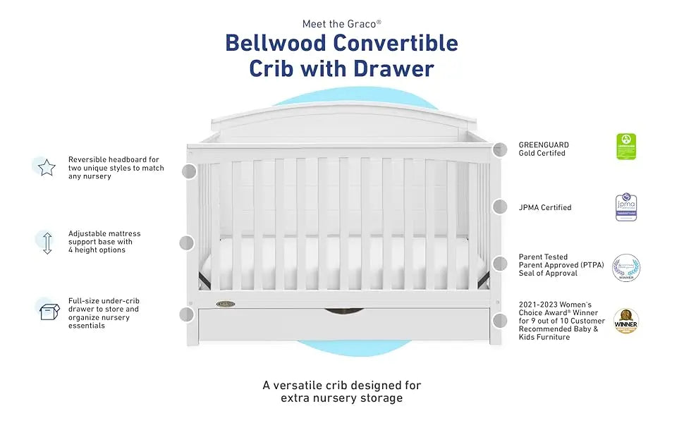 Graco 5-in-1 Convertible Crib (Pebble Gray) -w/ drawer.  Full-Size Storage Drawer, Converts