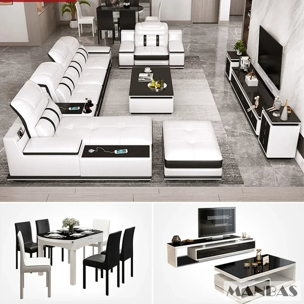 Modern Genuine Leather Sofa - Stylish Italian   with Bluetooth Speaker, USB & Adjustable Headrests