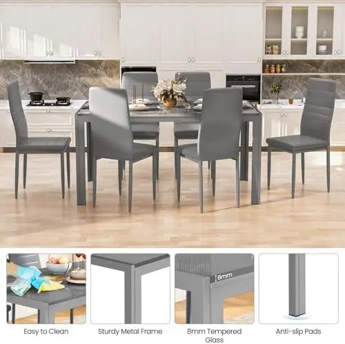 Modern Small Space Set, 7 pc set for 6, Glass table & PU Leather chairs              ,