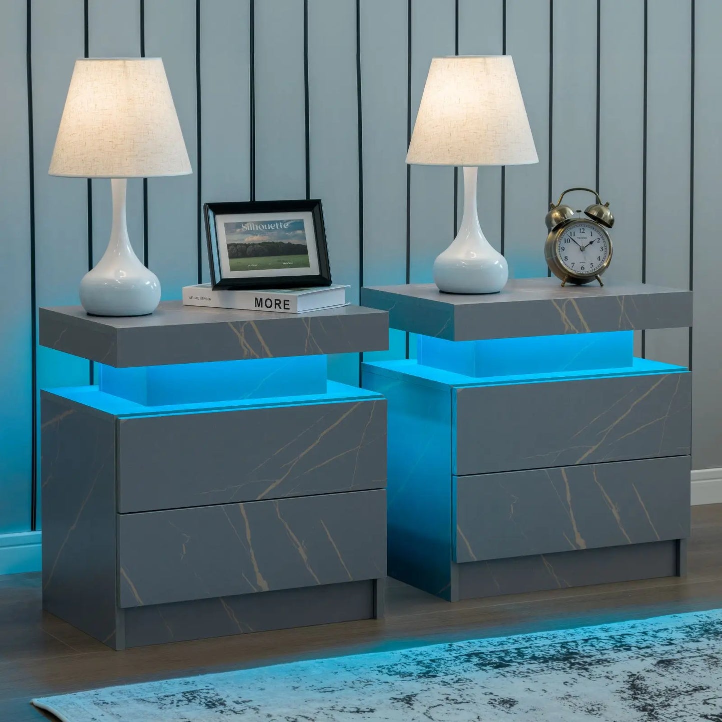 Set of 2 nightstands with LED lights with 2 drawers, bedside table with drawersSet