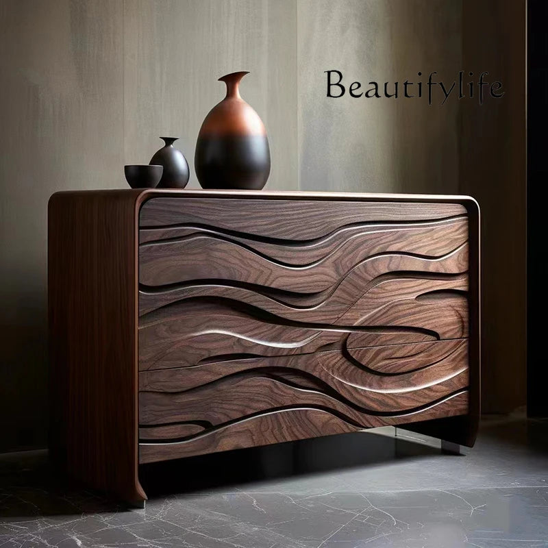 Nordic Retro Black Walnut Solid Wood Entrance Sideboard  Cabinet Designer Model Creative Upscale