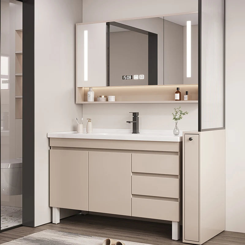 Solid Wood Cabinet Smart Light Mirror Ceramics Integrated Modern  Floor Toilet Wash