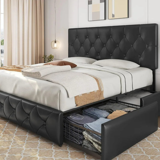 Platform Bed, Frame, Upholstered, Faux Leather, 4 drawers