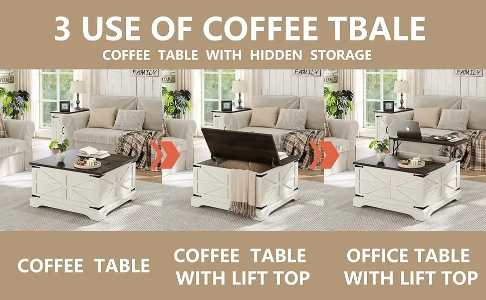 Lift Top Table,Square,  Wood Center Rustic, Cocktail White Moder, hidden storage