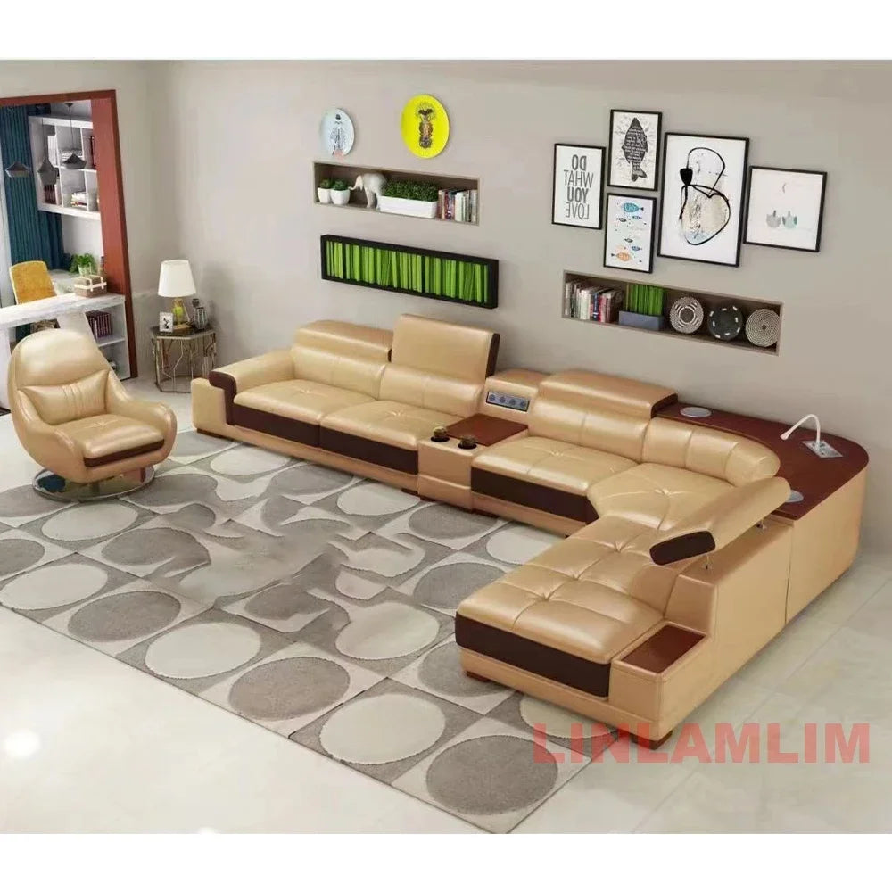 MINGDIBAO Modern Minimalist Genuine  Italian Leather Sectional Sofa with Console, Storage and Speaker