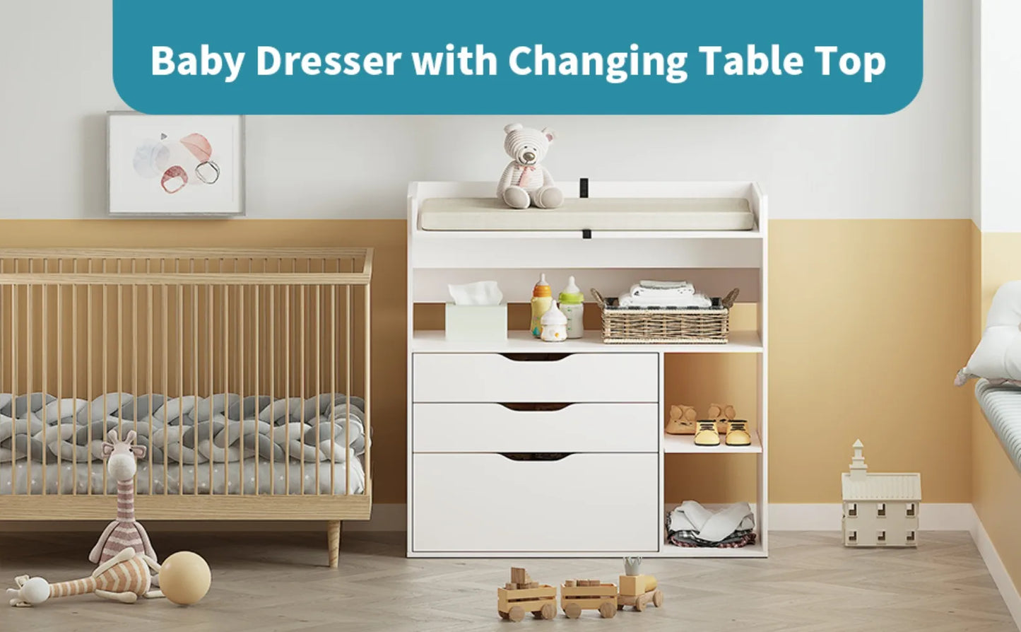 Baby Changing Table Dresser with 3 Drawers and storage shelves