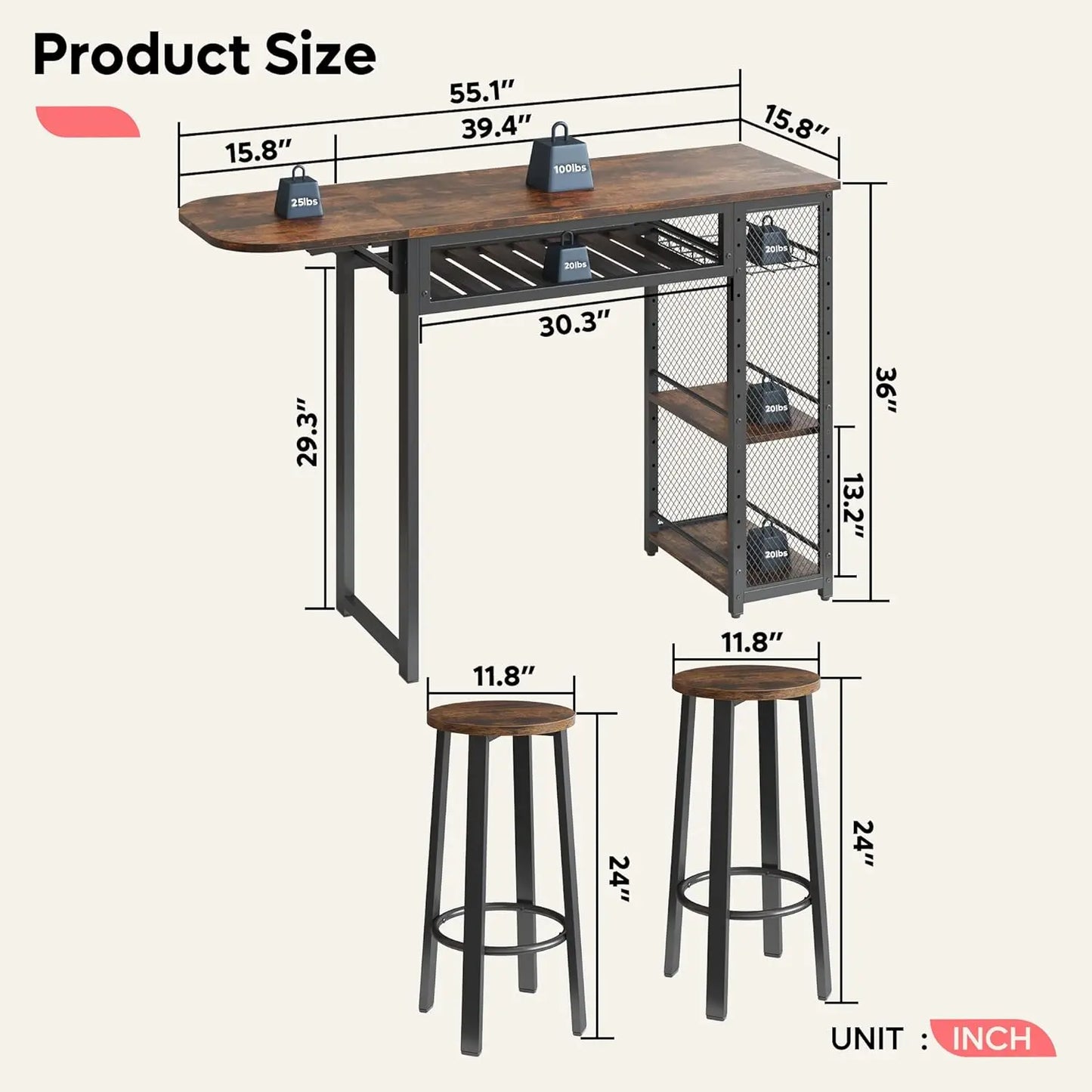 Table and Chair Set, Expandable, 2 Stools, 3 tier wine rack