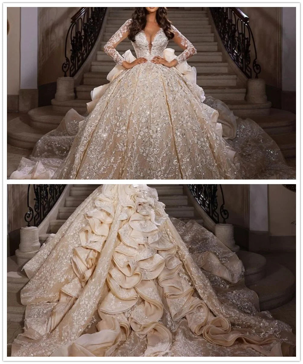 Vintage Queen Luxury Cathedral Bridal Gowns,  Wedding Dress , glitter, sequins, long sleeves, ruffles