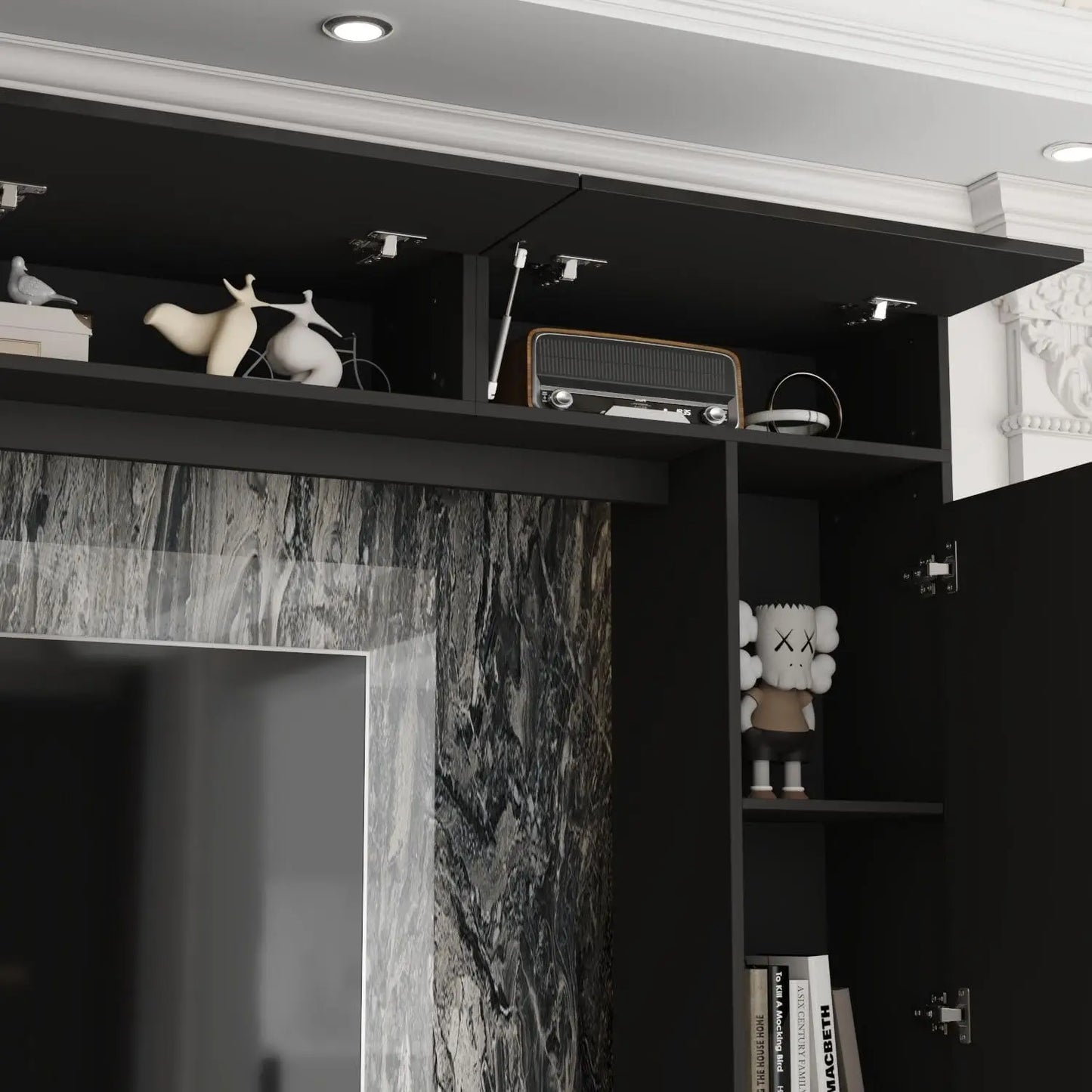 High Gloss Entertainment and Media Center with Doors and Shelves, TV Wall Unit with Bridge