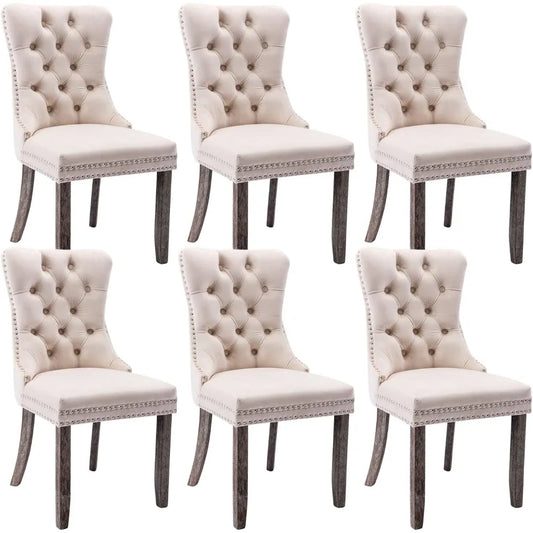 Tufted Chairs, Beige, Solid Wood, Set of 6, Nailhead Back and Ring Pull Trim