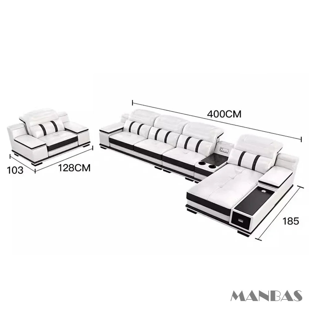 Modern Genuine Leather Sofa - Stylish Italian   with Bluetooth Speaker, USB & Adjustable Headrests
