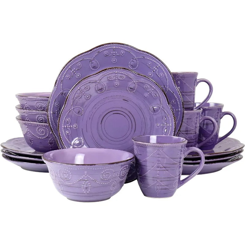 Rustic Birch 16 Piece Stoneware Set in Purple, with Brown Accents