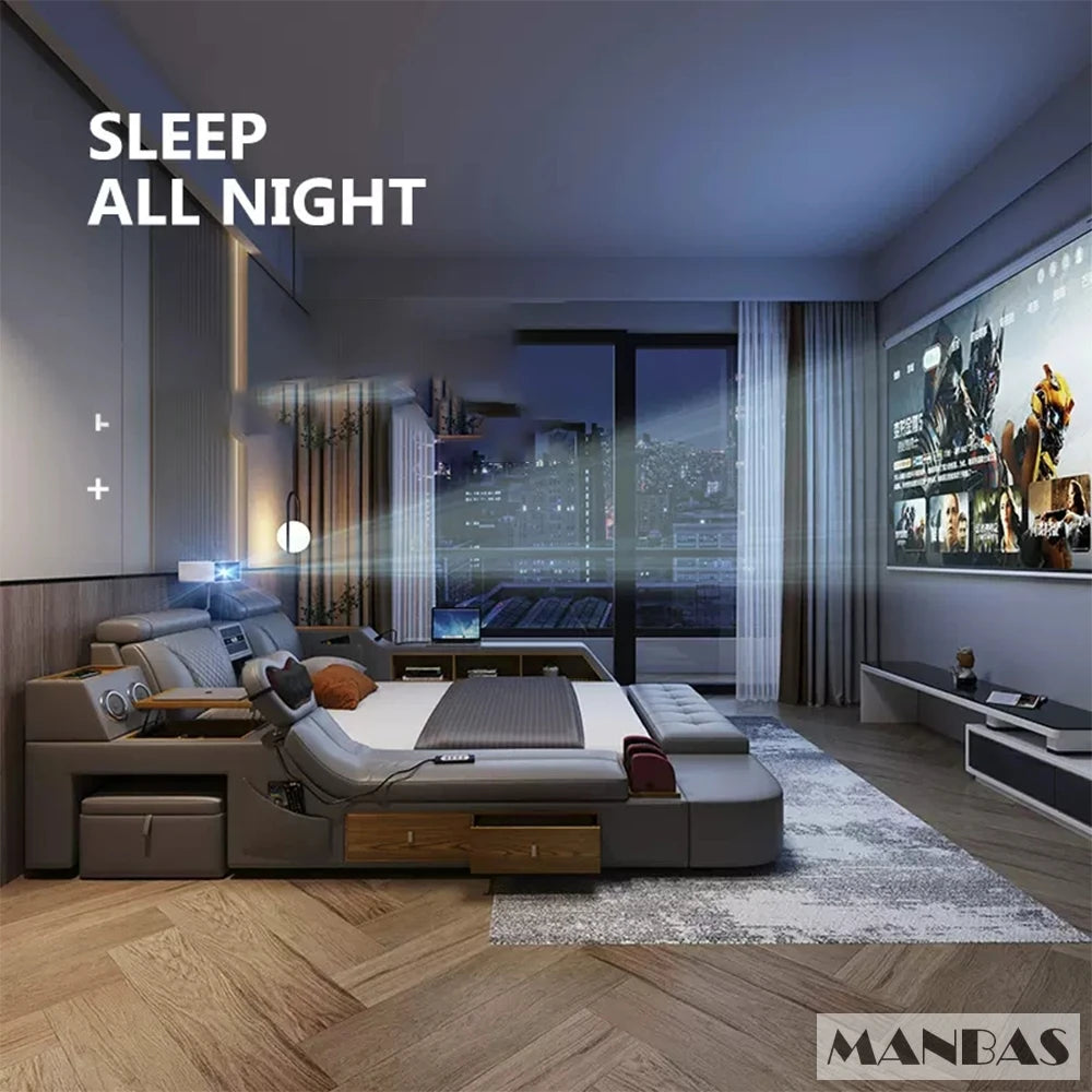 Tech Smart Ultimate Multifunctional Bed Frame with Genuine Leather, Massage, Speaker, Projector, Air Purifier