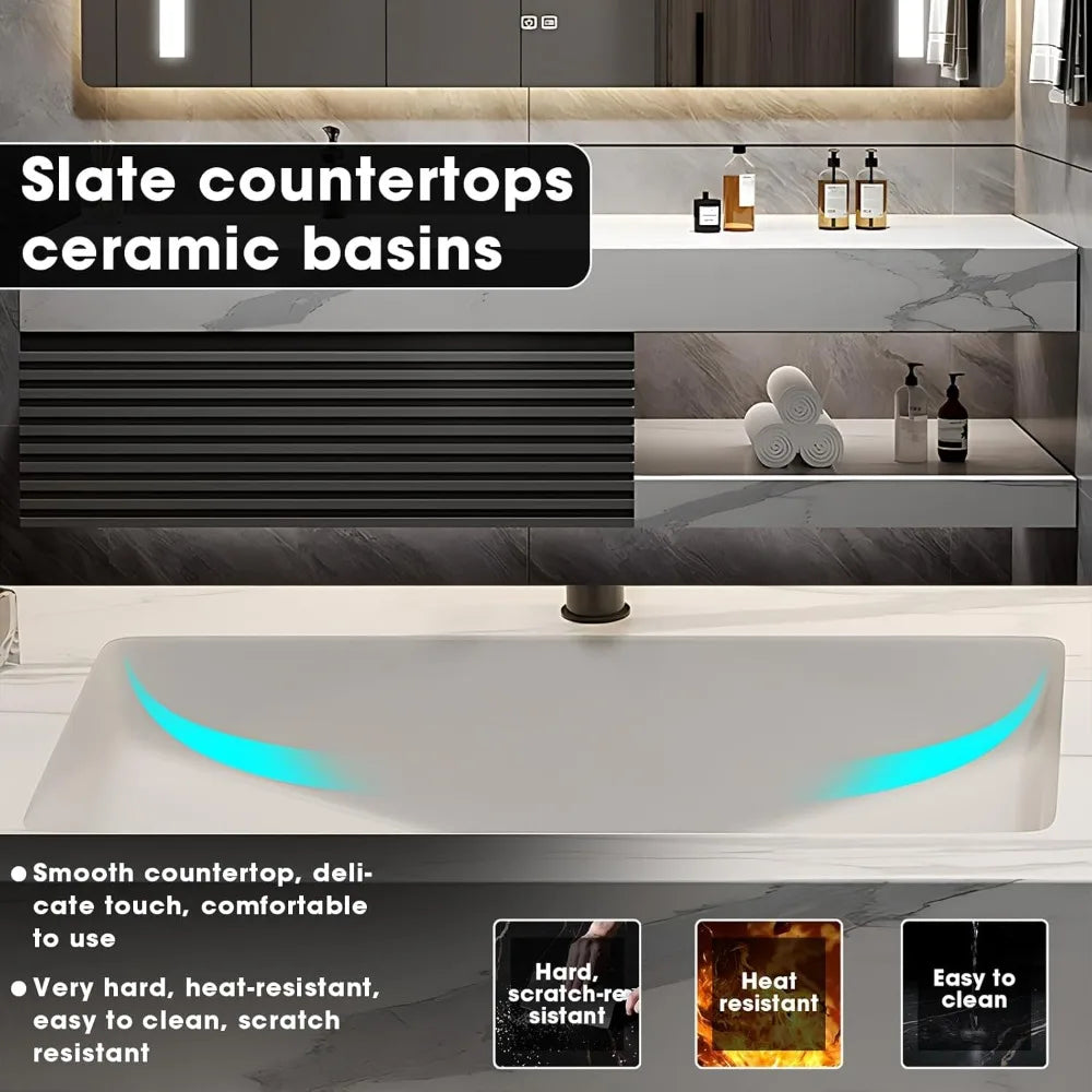 Floating  Vanity Solid wood with sink ,Half Side Cabinet with Striped Door Panel