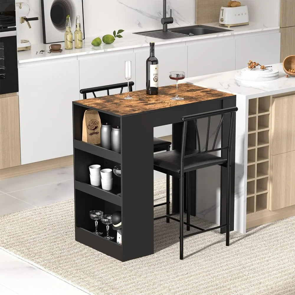 Small Bar, Breakfast Corner with Stools, Set for 2  Storage Shelves, Save Space