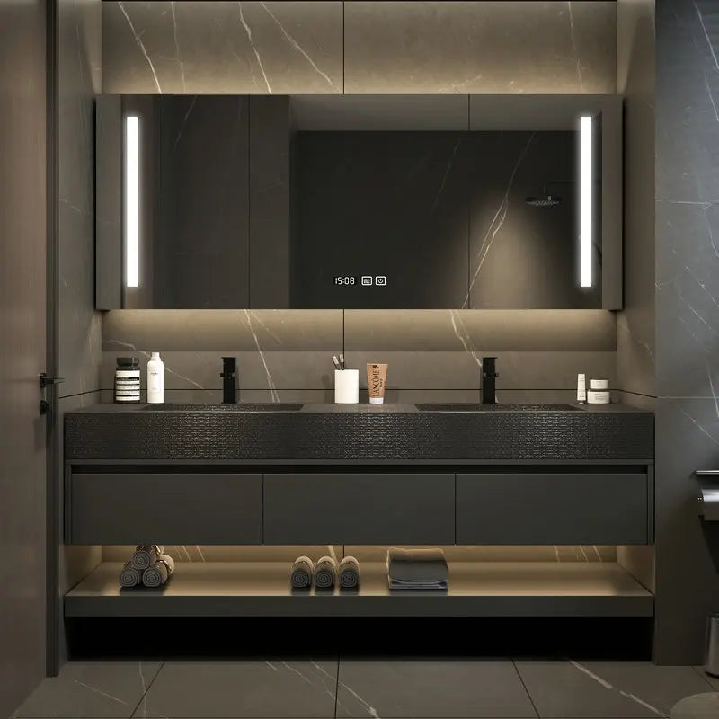 Modern Black  Slate Intergrated Seamless Washbasin with Sink, vanity with drawers