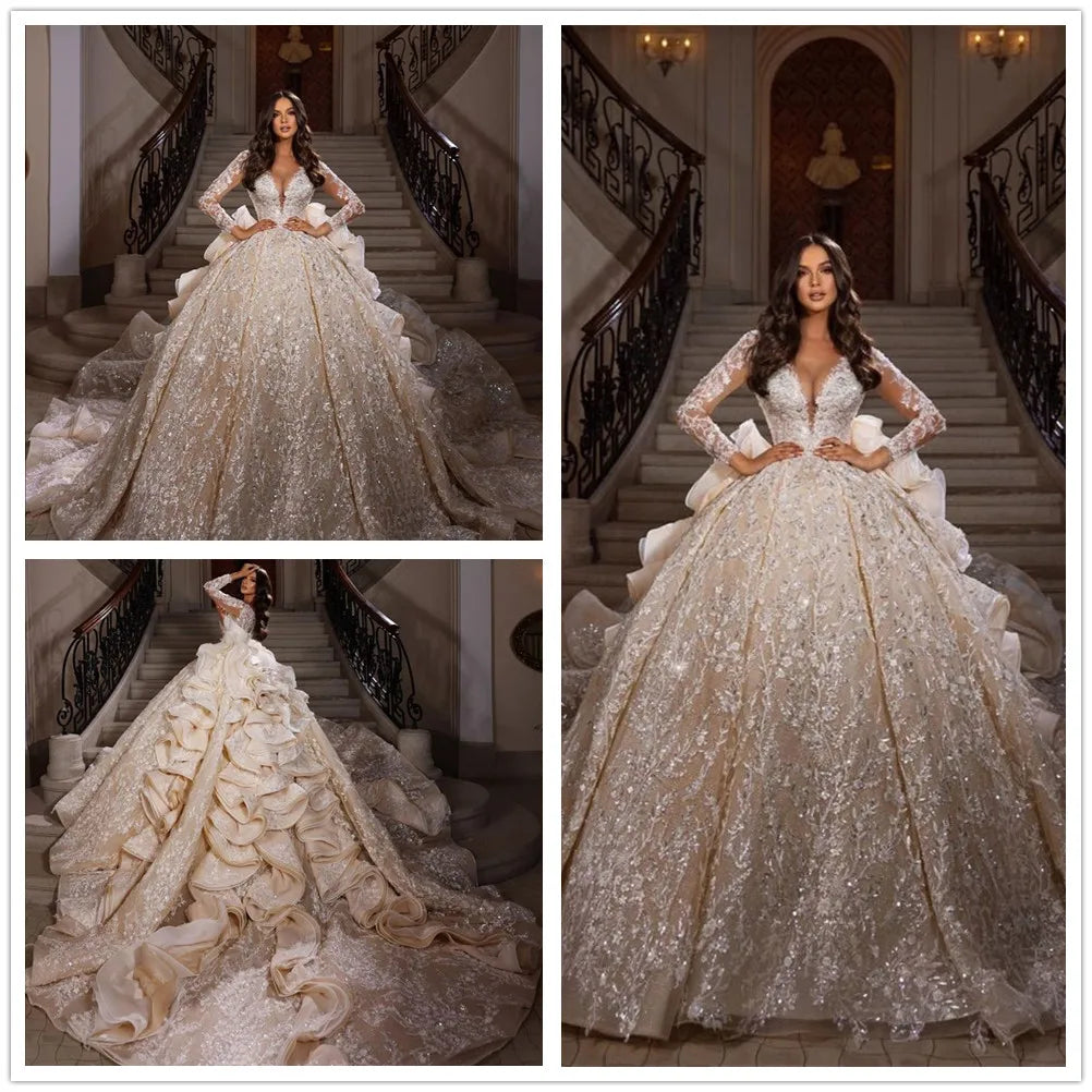 Vintage Queen Luxury Cathedral Bridal Gowns,  Wedding Dress , glitter, sequins, long sleeves, ruffles
