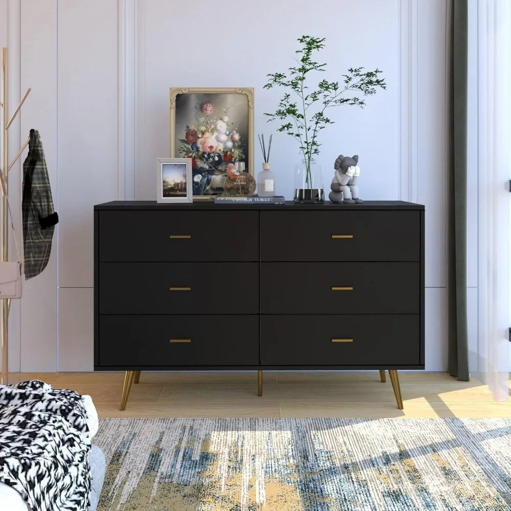 Modern Wood Dresser, 6 drawers, wide, metal handles, storage